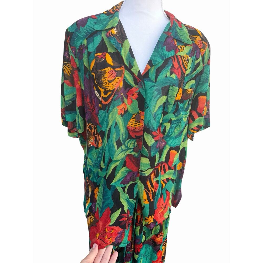 Vintage 90s Carol Little 3 Piece Tropical Rayon Set Top Skirt Pants USA Size 10 - Picture 6 of 16